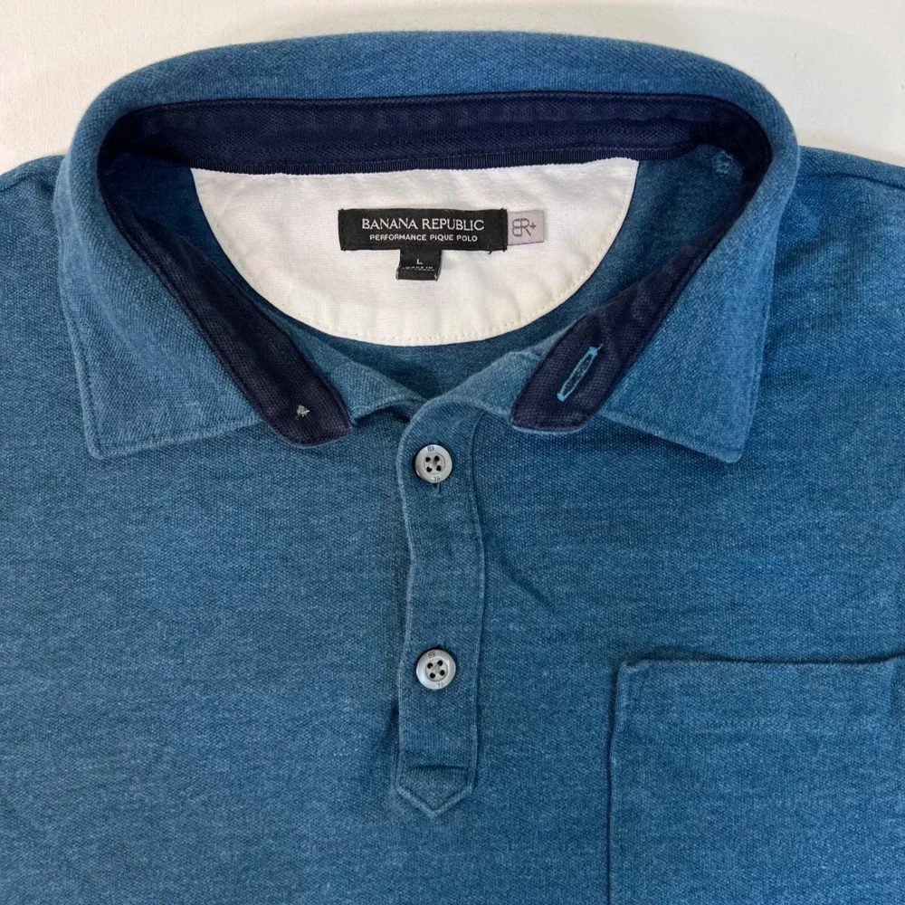 Banana Republic Performance Pique Polo L Blue Short Sleeve Chest Pocket Stretch